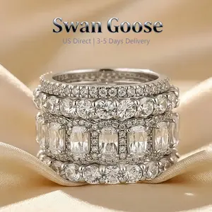 S925 Sterling Silver 10.0ct Cushion Cut 4PCS Stackable Wedding Band Ring Set, No Tarnish Full Eternity Churumbela Jewelry Set for Travel, Daily