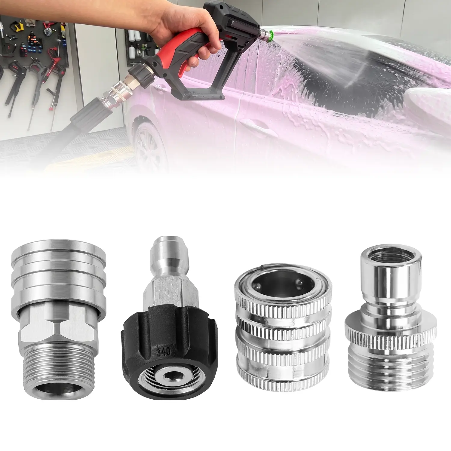 Heavy Duty Fast Attach Outdoor Pressure Washer Adapter Kit (4 Sets) - Stainless Steel 14mm to 3/8" Quick Connect Fittings, 3/4" Garden Hose Quick Release Couplers for Car Wash, Yard Cleaning