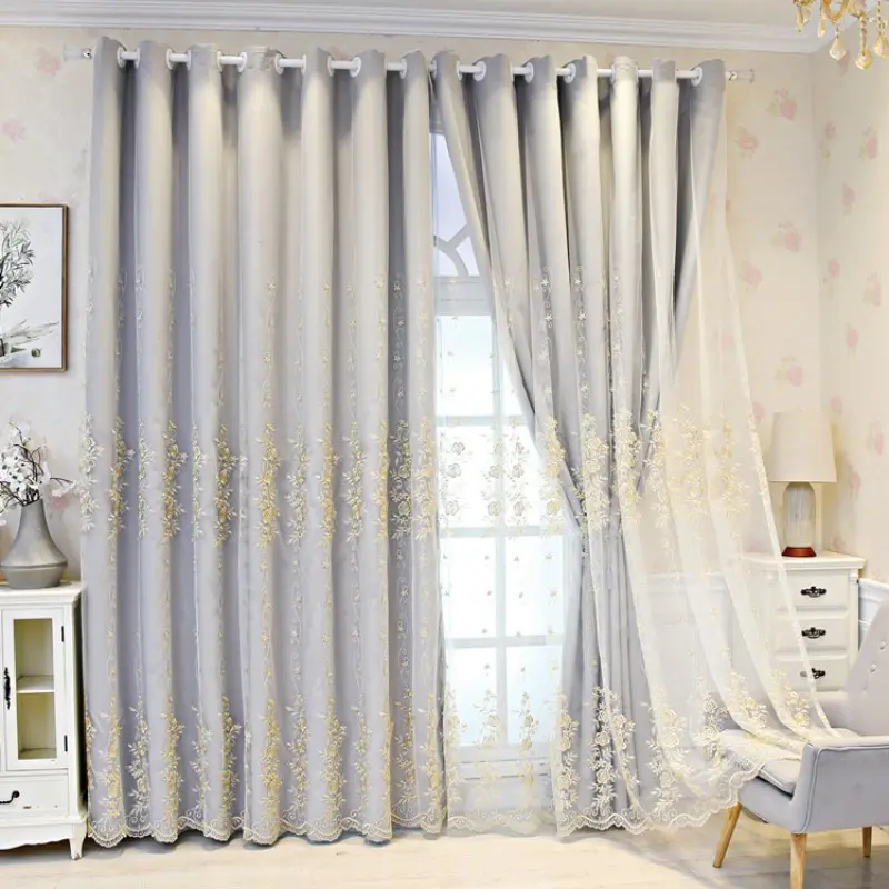 Custom Simple Cloth Lace Rose Embroidery Curtain, Bedroom Living Room Window Full Shade Finished Hole Ring Processing, Privacy Grommet Curtains