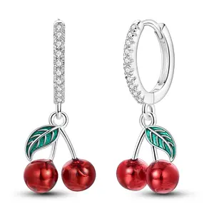 MULA Sweet Cherry Women's S925 Sterling Silver Rhodium Plated Earrings with Shiny CZ and Colorful Enamel, Perfect Gift for Girls and Women on Birthday, Christmas or Valentine's Day