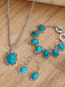 4pc Vintage Turquoise Jewelry Set, Necklace Bracelet Earrings, Bohemian Retro Accessories, Holiday Gift, Style