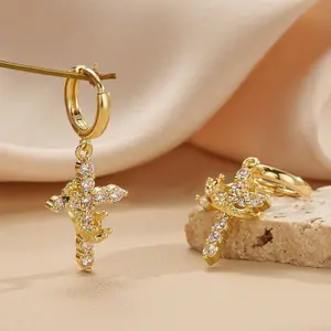Rotatable Crown Cross Earrings for Women, Copper Inlaid with Zircon, Unique Design, Creative aE50112-EH