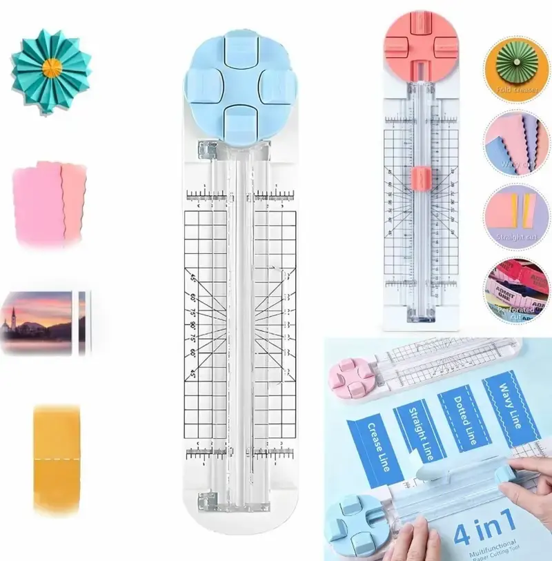 4-in-1 Portable Professional Paper Cutter & Trimmer with 4-Style Dial Blades - Office Cutting Supplies for Straight, Wave, Perforated Cuts & Creasing, Scrapbook Materials Use, Gift for Craft Enthusiasts, Perfect Gift for Craft Enthusiasts