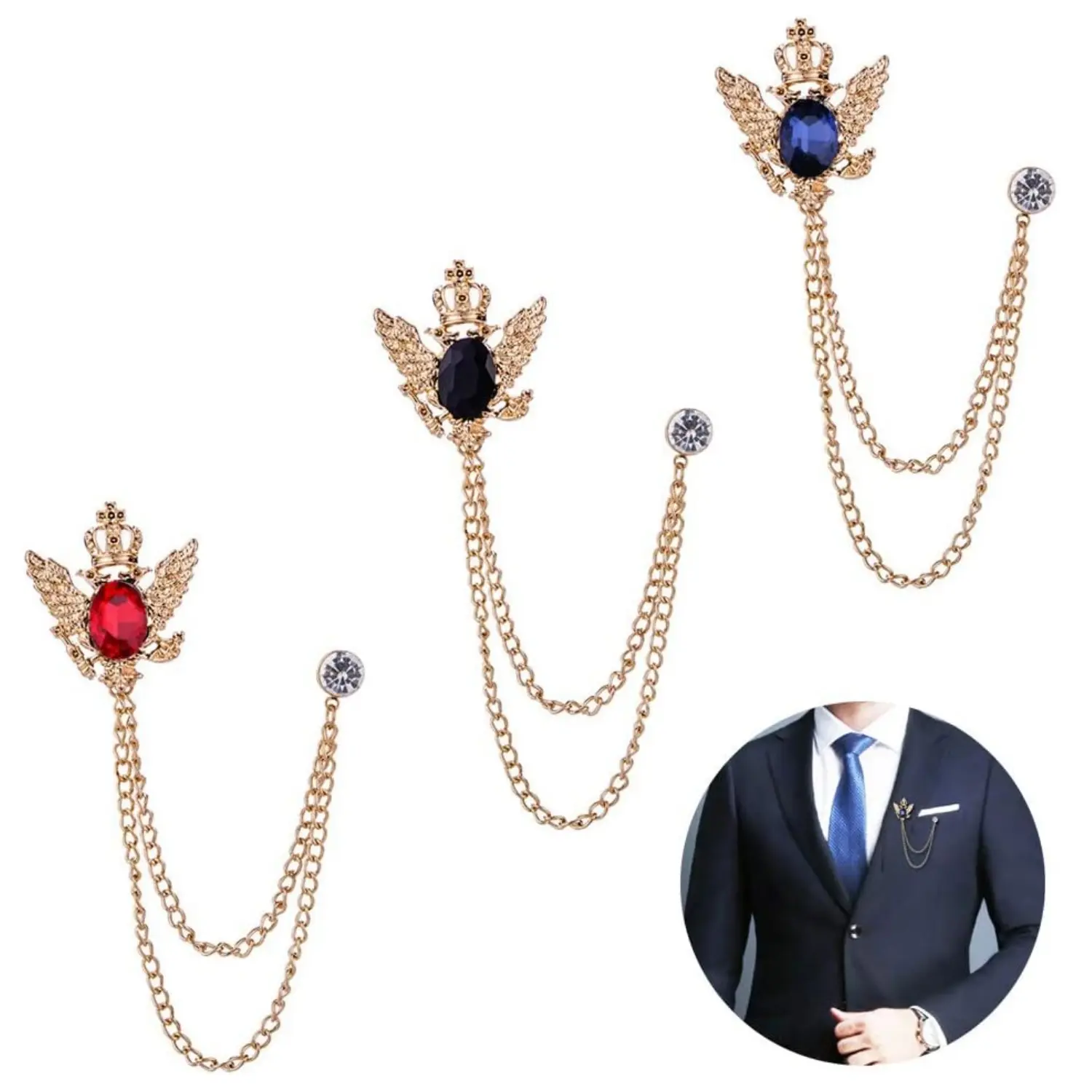 Men's 3-Pcs Alloy Crystal Brooch Pins - Metal Clip Suit Lapel Collar Pins with Chain Buckle, Easy-Match Accessories for Everyday Decoration, Home Improvement Building Supplies Gift (Black/Red/Blue), Gift for Friends