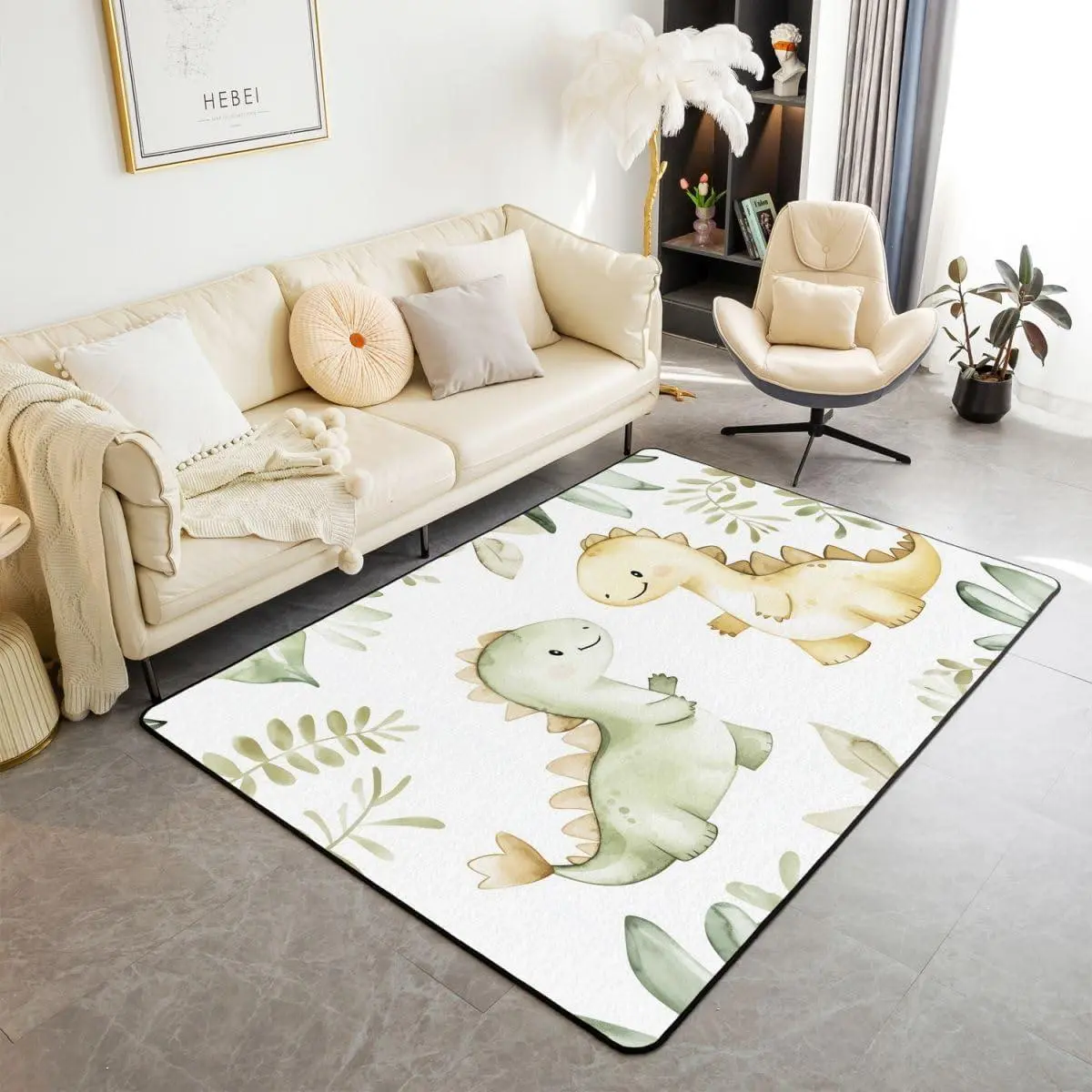 Dinosaurs Area Rug Tropical Leaves Living Room Rugs Bedroom ’Dinosaur Theme Decor Carpet with Non-Slip Bac Cute Dino Indoor Floor Mat Kawaii Soft Polyester