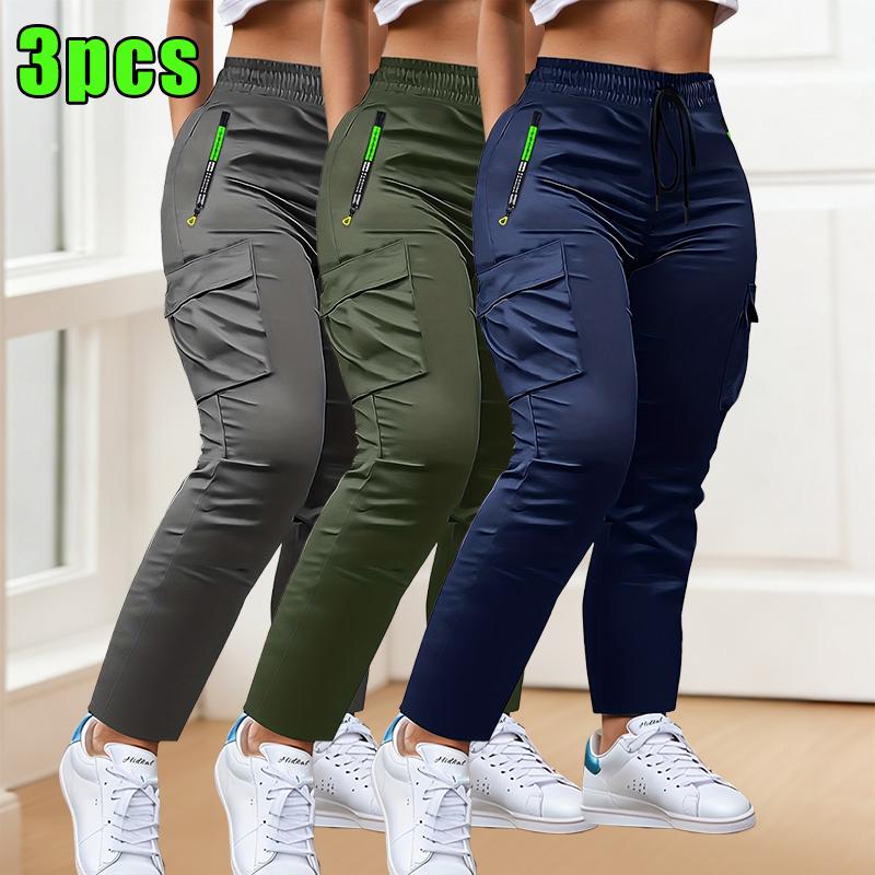 3-Pack women's multi-pocket thin overalls, four-season drawstring fashion pull-pocket design straight casual trousers, suitable for outdoor sports and daily appointments Summervibes