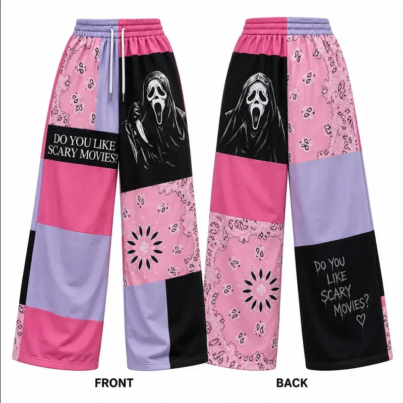 Pink Horror Movie Inspired Sweatpants, Scary Mask Wide Leg Joggers, Patchwork Gothic Pants, Spooky Halloween Streetwear, Horror Lover Gift