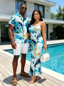 Vacation Matching Couple Outfit Marble Fluid Swirl Tie Dye Print Short Sleeve Shirt & Women Bodycon Mermaid Maxi Dress Matching Set