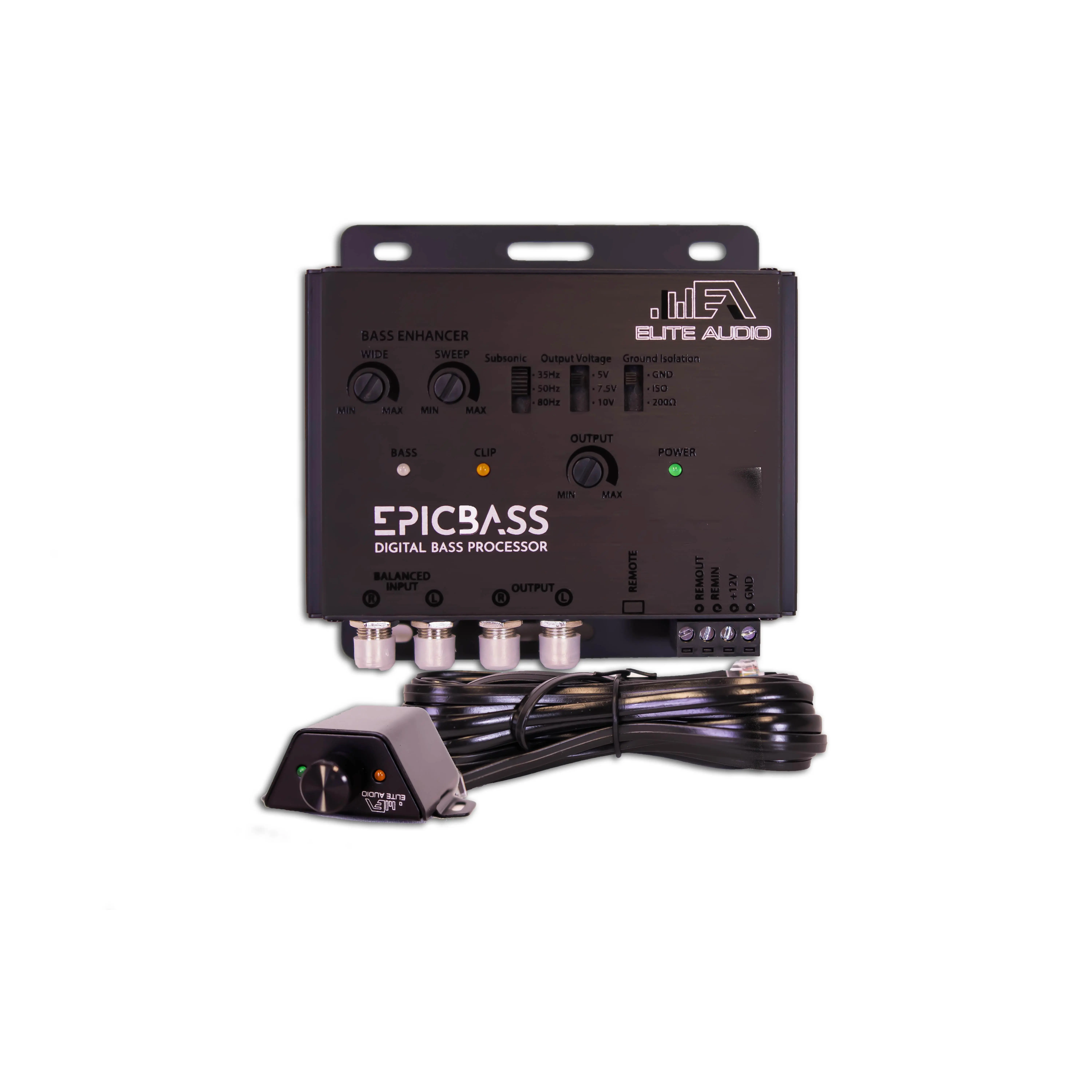 Elite Audio EPICBASS Digital Bass Processor, Compact Automotive Car Audio Accessory with Remote Control, Clip, Connector, Adjustable Settings