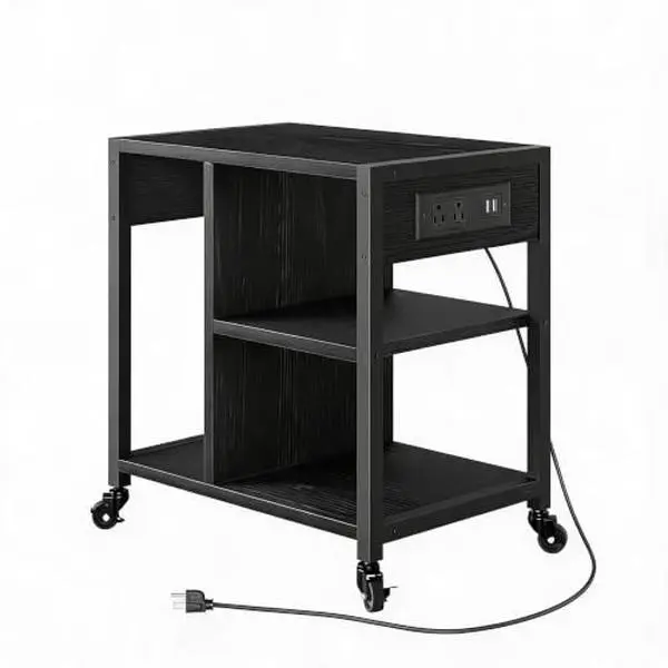 Rolling Printer Stand – w/ Power Outlets & USB Ports, Locking Casters | Black | Sturdy & Mobile