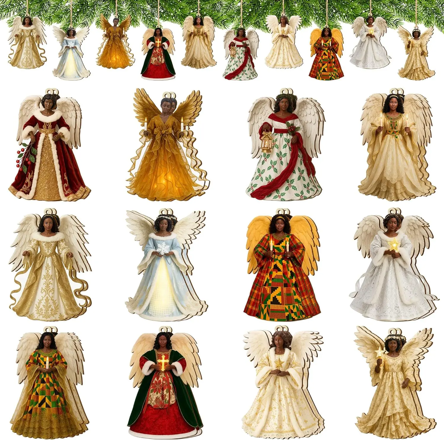 24 count Christmas Wooden   Angel Ornaments, Black Angel Wooden Christmas Tree Decoration, Hanging Black Angels  Tags with  Rope for Xmas Tree Holiday Party  Decor