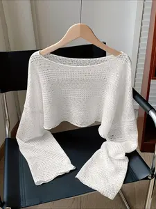 Women's Plain Crochet Hollow Out Knitting Sweater, Casual Long Sleeve Crop Jumper for Spring & Fall, Fashion Women's Knitwear Womenswear for Daily Wear, Tops