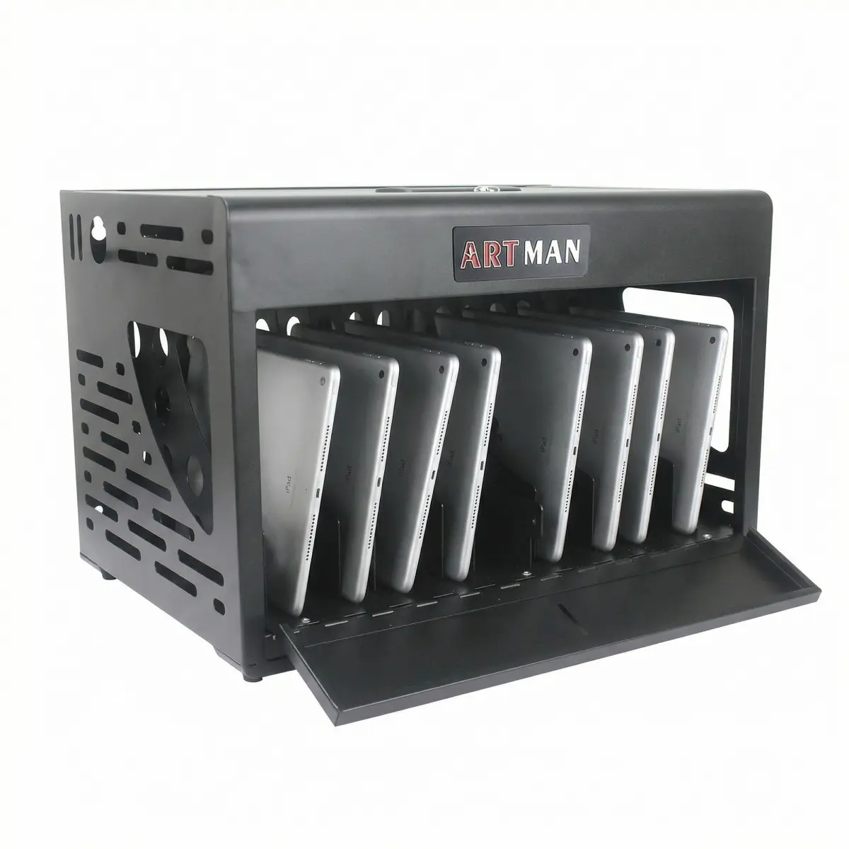Black Rectangle 16-Bay Tablet & Chromebook Charging Cabinet Docking Station, Cold Rolled Steel Powder Coated, Fully Assembled Lockable, Heat Dissipation, Cable Management, Space-Saving Desktop Unit for 14in 1.2in Thick Devices (School/Classroom Use), Libr