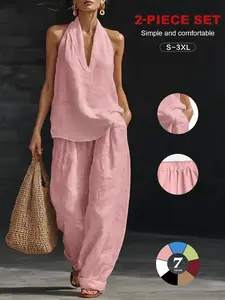 Women's Faux Linen Lightweight V Neck Sleeveless Halter Top and Wide Leg Pants Set, 2 Piece Loose Fit Lounge Set, Casual All Seasons