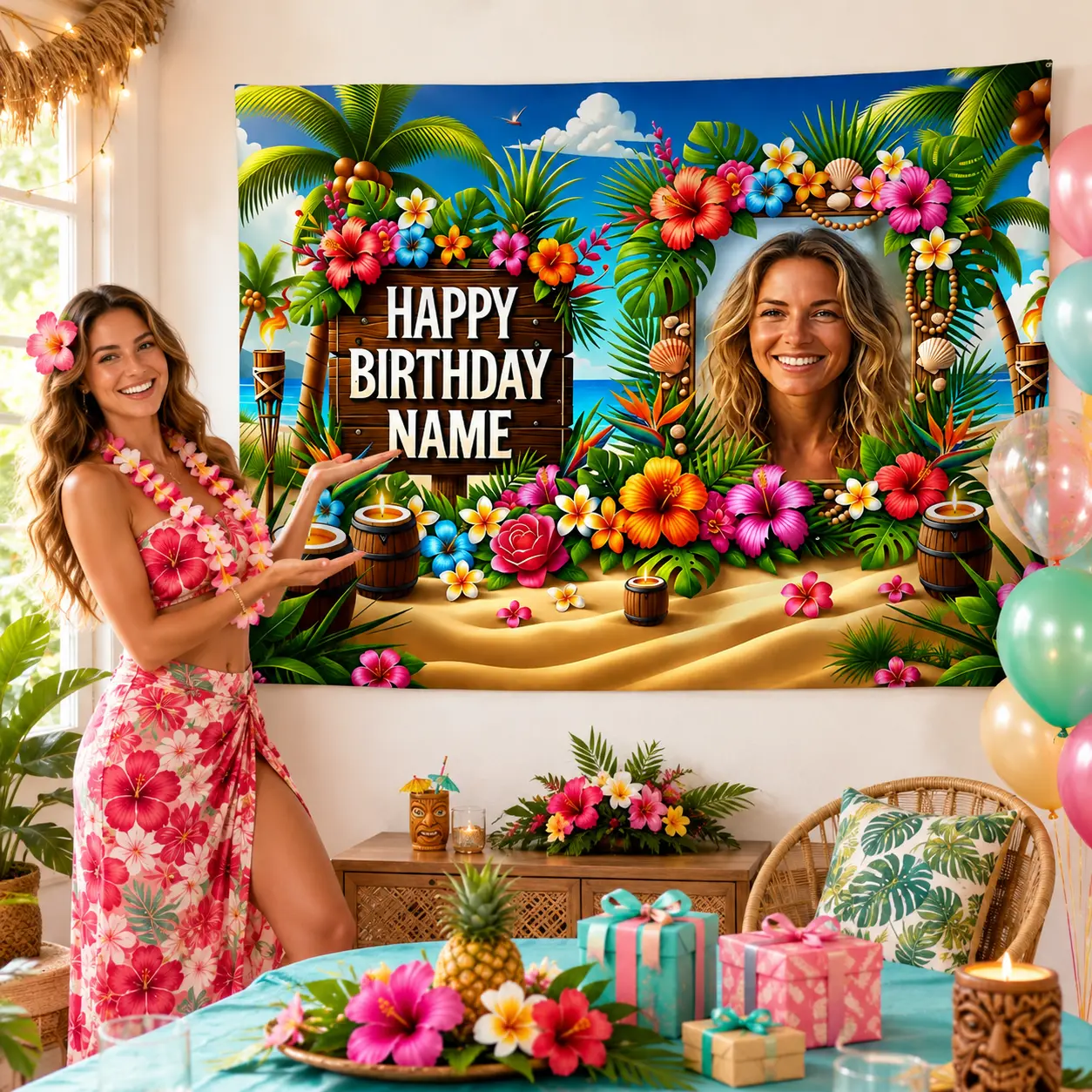 Custom Tropical Palm Digital Print Backdrop Tapestry - Personalized Photo Name, Beach Summer Hawaiian Style, Reusable Floral Decoration, Festive Backdrops & Banners for Girls Home Party Supplies, Digital Print Festive Backdrops & Banners