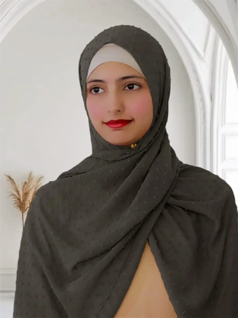 Pom Bubble Chiffon Hijab - Charcoal Color, Lightweight Design, Versatile Style for Everyday Wear