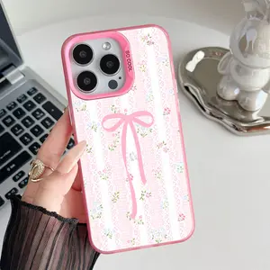 Cute Pink Bow Floral Pattern Shockproof Phone Case for iPhone X Xsmax 11 12 13 14 15 16 17 Air Pro Max Plus Protecitved Cover Affordable Anti-Fall Trendy,Makes a great gift for friends or family.