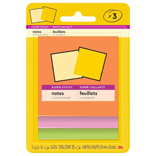Super Sticky Notes, 3 x 3 in, Neon Fizz, 3 Pads, 45 Sheets/Pad | School Supplies and Oﬃce Supplies, 2X the Sticking Power
