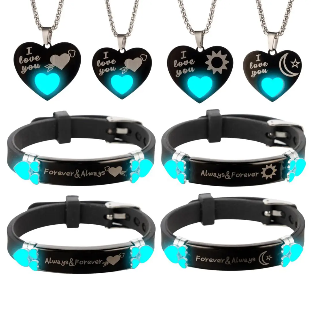 Couples 4-Piece Stainless Steel Matching Heart Necklace & Bracelet Set - Glow-in-the-Dark, Engraved Love Text, Fade-Proof Link Chains, Chain & Link, Unisex Fit, Casual Daily Wear, Anniversary Gift, Couple Gifts for Adults, Everyday Wear