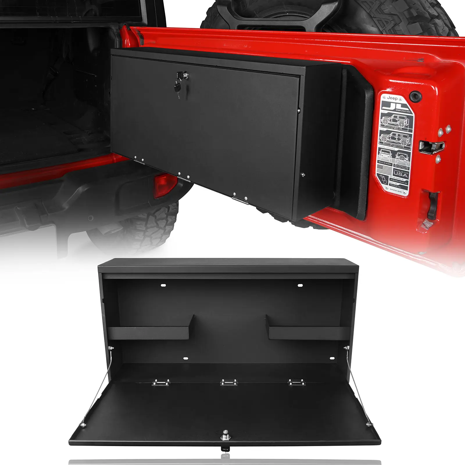 Hooke Road Functional Steel Folded Tailgate Table Storage Lock Box for 2018-2026 Jeep Wrangler JL, Car Organization Accessories with Lock, 2 Small Tables, 2 Keys, 27.9" x 6.5" x 13.4" Size, Drill-Install Off-Roading Camping Accessory