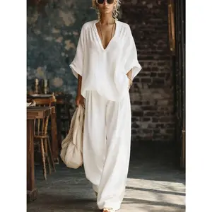 2026 New Women's Summer Two-Piece Outfit – V-neck Loose Top and Wide-Leg Pants, Casual Linen Home Set, Comfortable Vacation Travel Wear, Plus Size Available