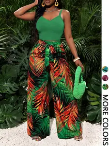 Women's Casual Vacation Two-Piece Set, Elastic Tank Top + Loose Printed Wide Leg Pants, Comfortable and Stylish