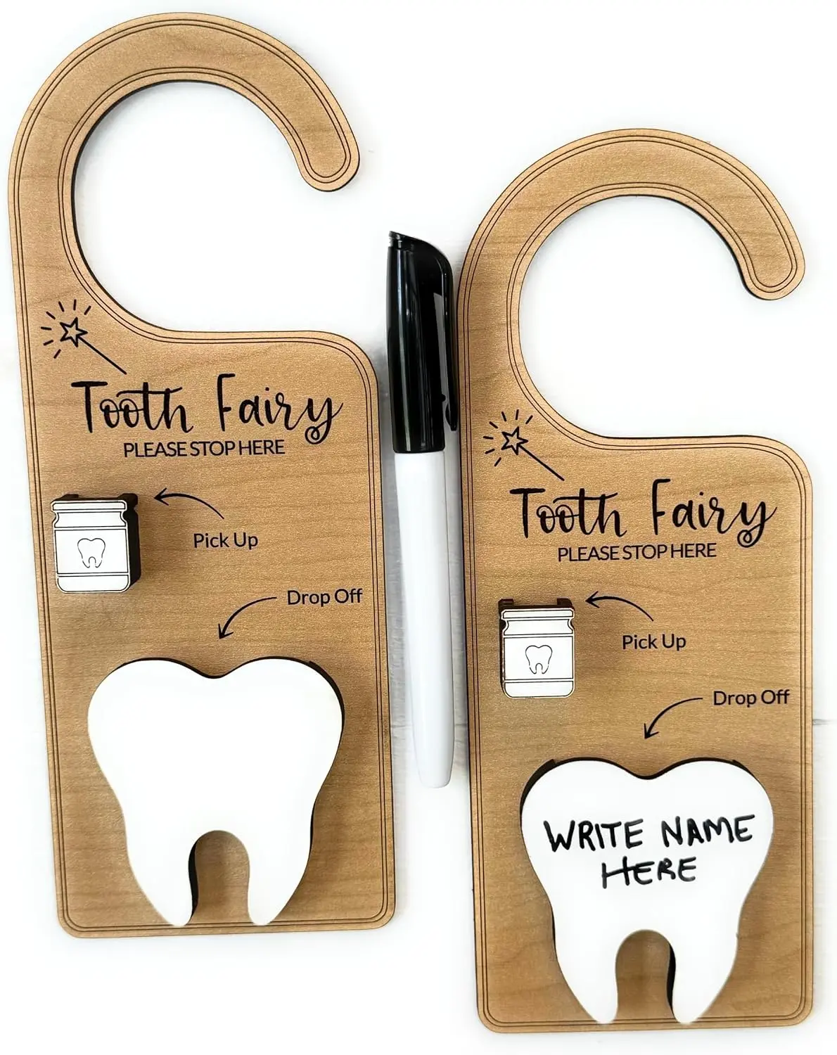Tooth Fairy Door Hanger Kit with Money Slot and Tooth Slot - Keepsake, Tooth Door Hanger for Kids' First Lost, Tooth Fairy Gifts for Boy and Girl with Marker to Write Child's Name (YOU HANDWRITE ANY NAME ON TOOTH Names are NOT engraved))
