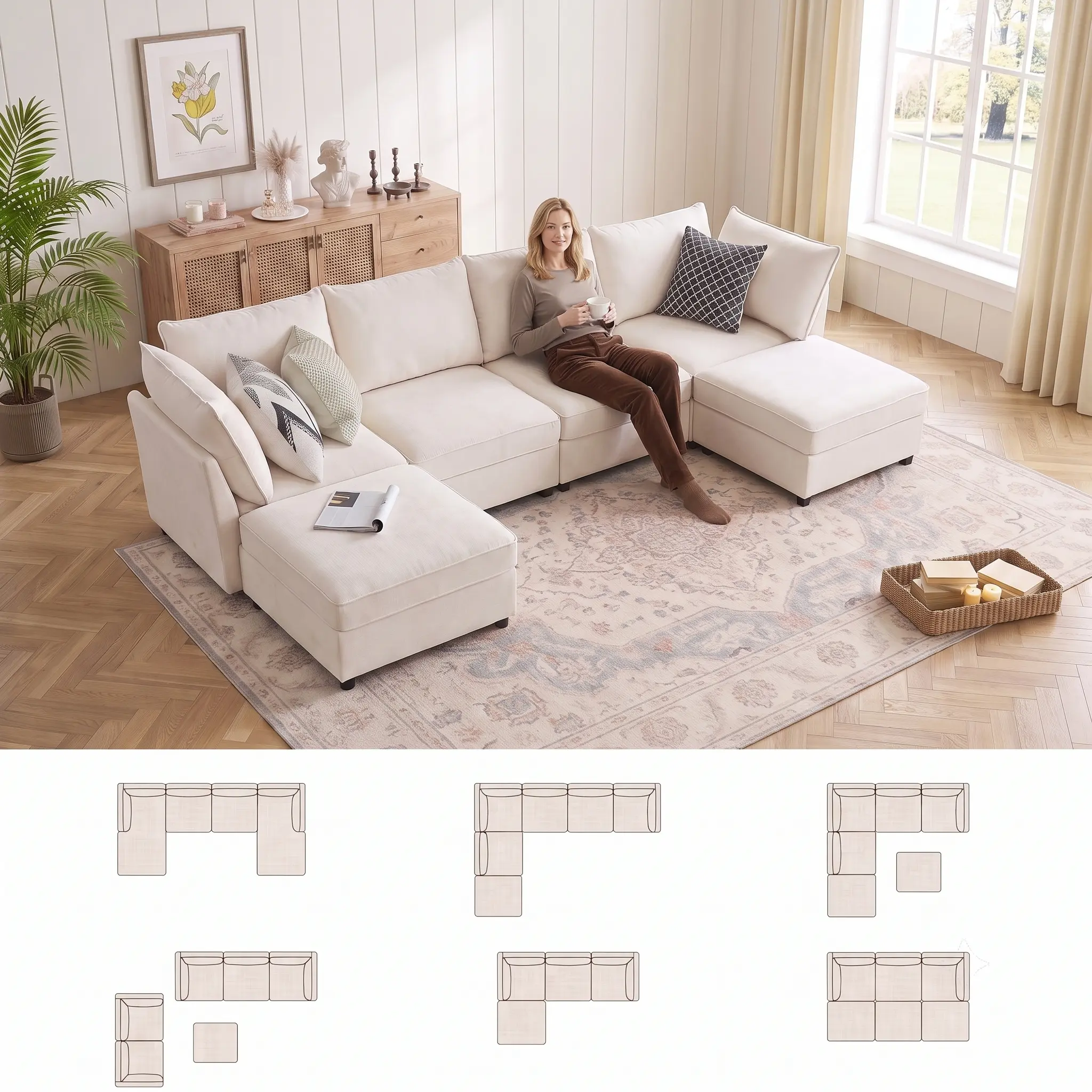 【3 Packages】95.5" Chenille Modular Sectional Sofa Bed Hidden Storage, Convertible L U Shaped Sleeper Couch, 6 Seat Modern Modular Sectional Sofa with Removable Covers & Ottoman Chaise, for Living Room, Blue