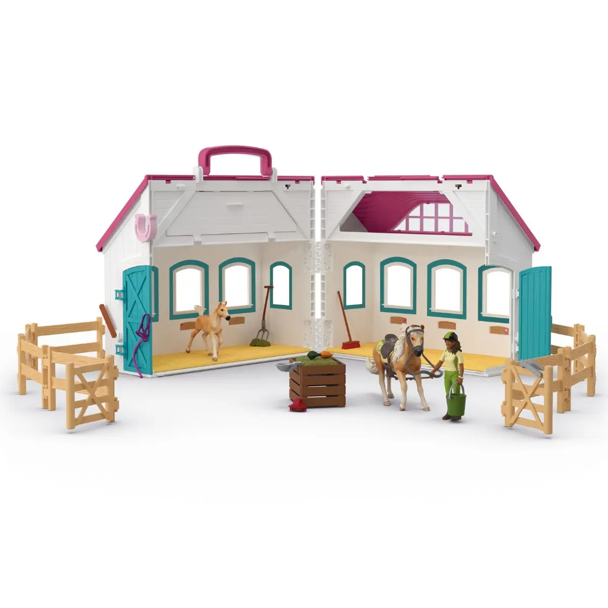 Schleich 60PC Little Horseshoe Open Stable Playset - Easy Carry Set with 2 Horse Figurines, Action Figure, Stable and Accessories - Toy Horses for Girls and Boys - Kids Ages 4+
