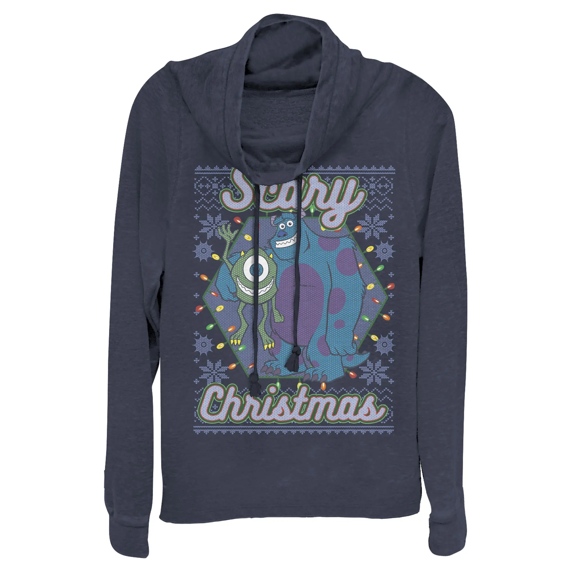 Juniors Womens Monsters Inc Christmas Scary Monsters Cowl Neck Sweatshirt