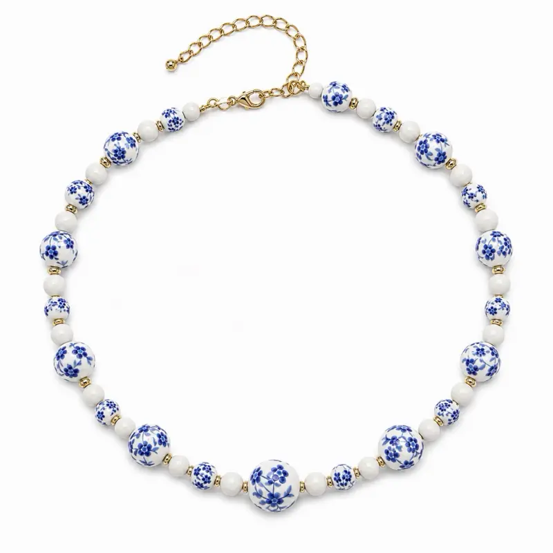Blue & White Floral Beaded Necklace