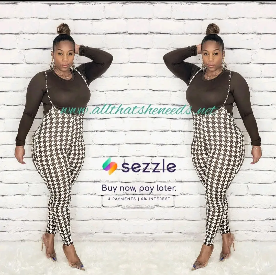 2 Piece Stretchy Jumpsuit Set Houndstooth Print
