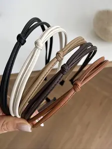 5pcs Autumn Winter Vintage Maroon Leather Hair Bands, Dual Knot Press Hairbands, Versatile Front Bangs Headband for Daily and Party Use