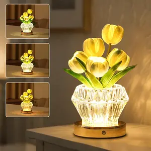 Tulip Flower Lamp Diamond Vase, 3 Color Night Light Dimmable Touch Control Artificial Floral Decor for Bedroom Bar Coffee Shop Wedding Birthday Gifts for Women Christmas Valentine Mothers Day