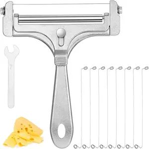 Stainless Steel Adjustable Handheld Wire Cheese Slicer with 8pcs Replacement Wires and 1 Wrench, Food Cutter for Butter, Bread and Vegetables