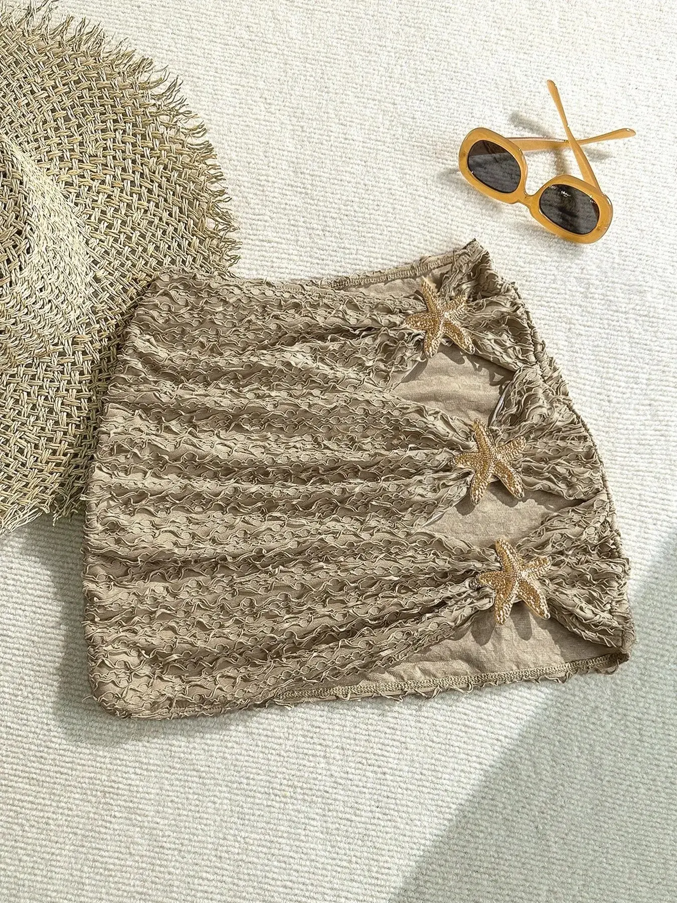 Women's Textured Crinkle Knit Mini Skirt, Bottom, High Waist, Side Starfish Embellishment, Bodycon Fit, Stretchy Breathable Fabric, Beach Vacation, Daily Casual & Date Wear