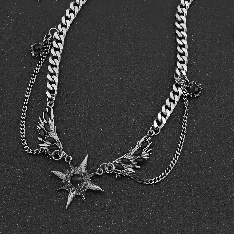 Y2K Cuban Chain Necklace Halloween Black Gemstone Star & Wings Pendant, Gothic Vintage Titanium Steel Jewelry, Nostalgic Design, Adjustable Length 23.6" for Costume & Daily Wear
