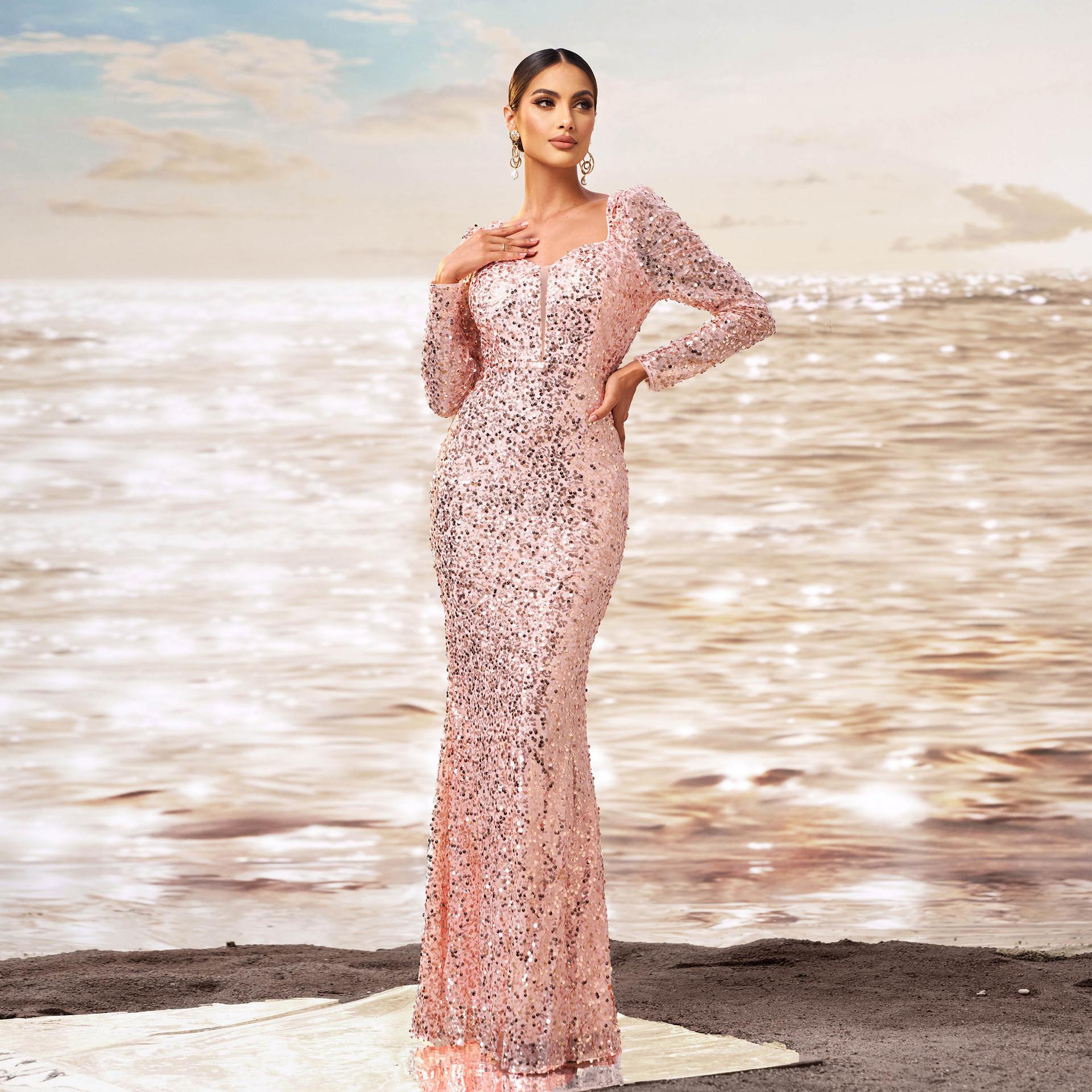 Long Sleeve Square-neck Sequined Sheath Fishtail Evening Dress