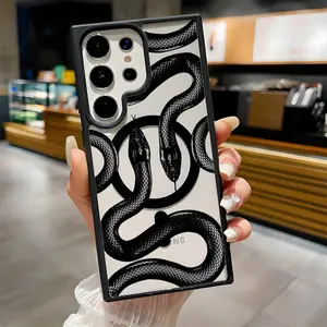 Black Snake Pattern Clear Magnetic Phone Case, Compatible with MagSafe Silicone Bumper Protective Cover For Samsung S25 S24 S23 S22 Ultra Plus FE Girl