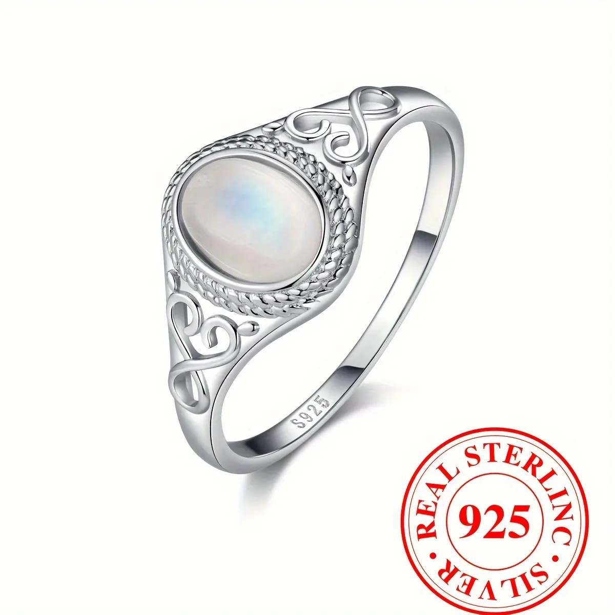 Women's 925 Sterling Silver Boho Female Ring - Inlaid Moonstone, Daily Wear Band, Sizes 4-11, Wedding or Anniversary Engagement Gift, Romantic Daily Wear