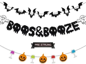 Halloween Decorations Boos & Booze Banner, No DIY Ghost Witches Bat Banner for Halloween Party, Black