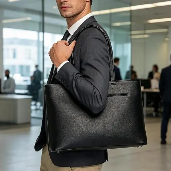 Mens Top Grain Leather Tote Bag Minimalist Shrunk Leather Laptop Briefcase Standing Work Bag for Business Casual | Shrunk Pebbled Lthr, Comfy Shoulder Drop, Self-Standing Base, Quick-Access Pocket, Laptop Work Carrier