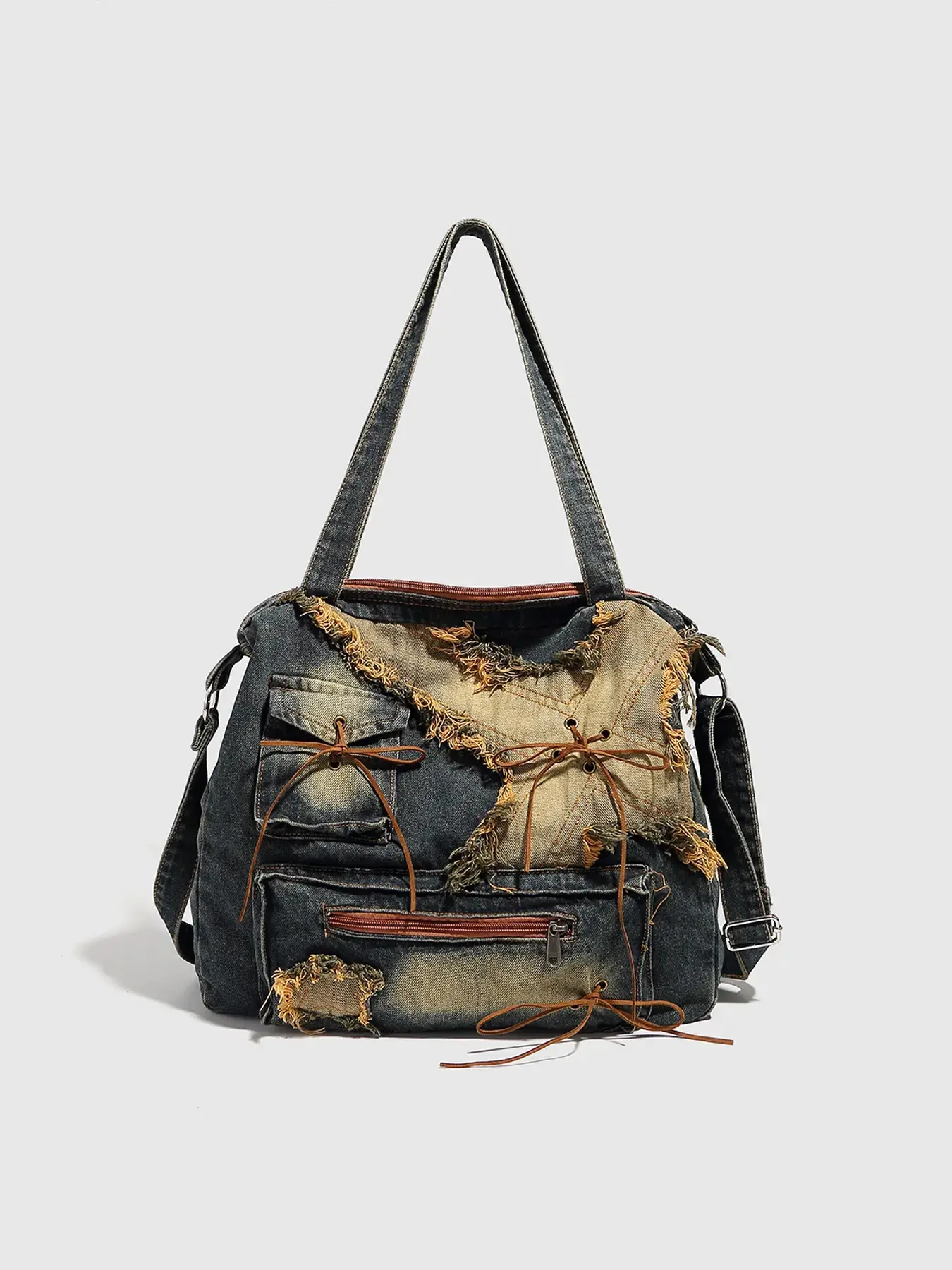 Retro Chic Denim Crossbody Tote – Lightweight, Versatile, Zippered Y2K-Inspired Bag with Tassel Detail