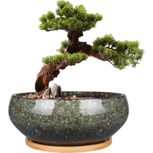 8 Inch Ceramic Bonsai Planter Pot, Glazed Shallow Succulent Planter with Drainage Hole and Bamboo Saucer for Indoor Plants, Brown