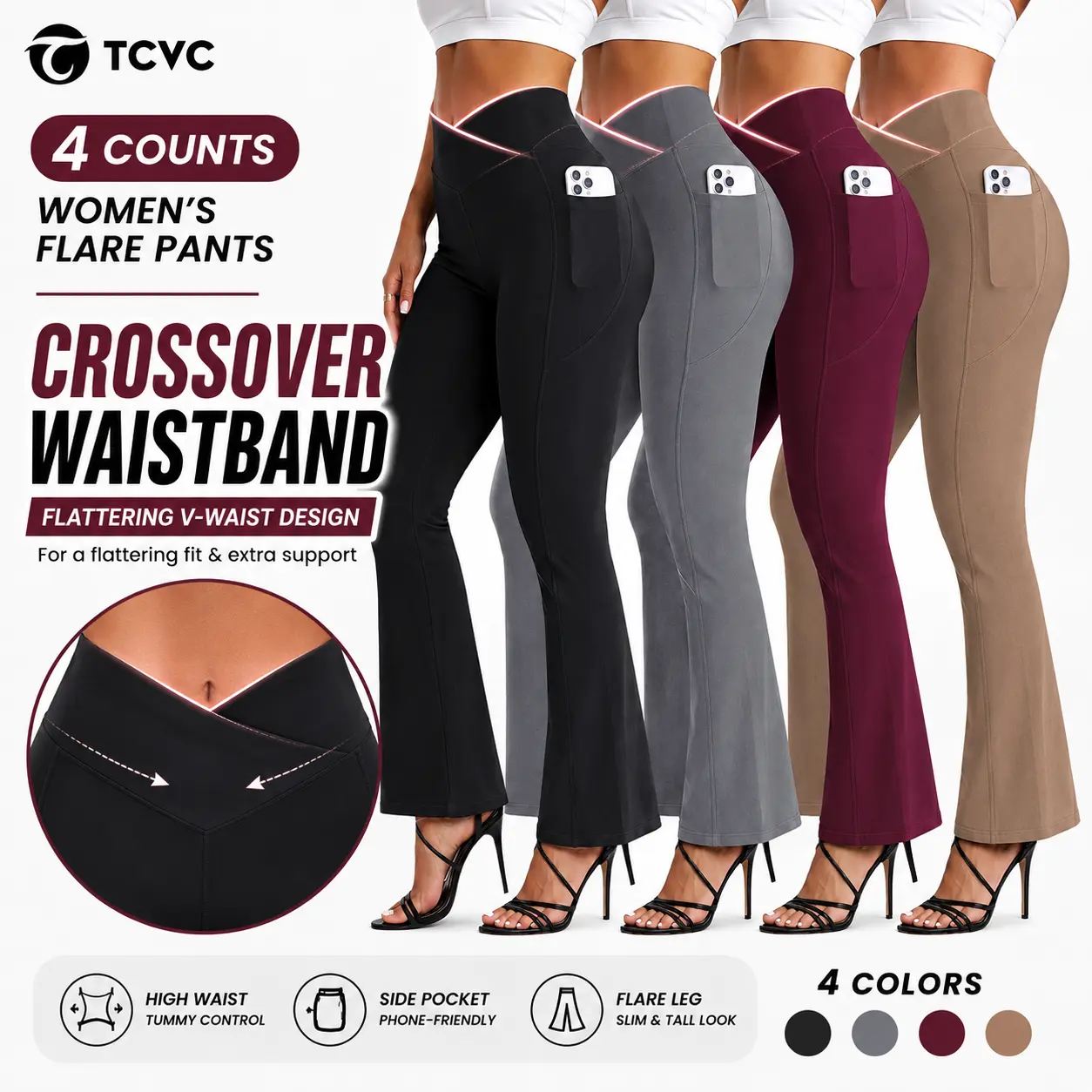 TCVC Women's Flare Leggings with Pockets, High Waisted Crossover Yoga Pants, Lightweight Buttery Soft Stretchy Bell Bottom Bootcut Pants with Tummy Control for Everyday Wear, All-Season