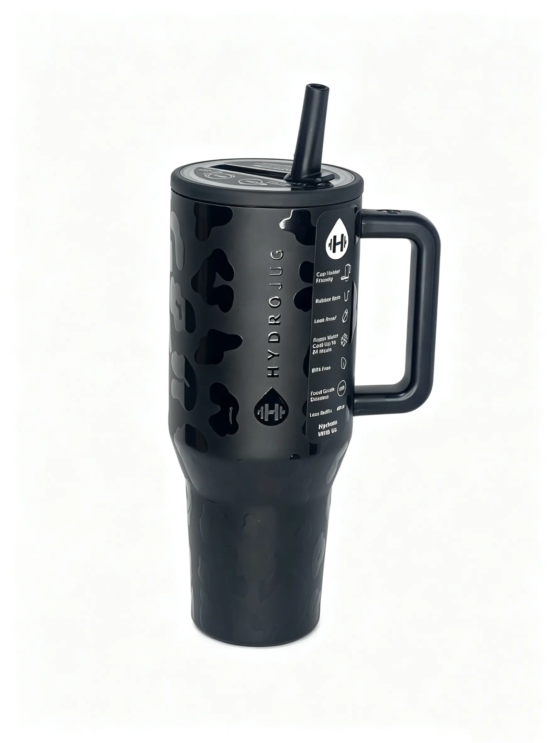 HydroJug 40oz, Leak-Proof Stainless Steel Tumbler, Straw Cup, Easy-Grip Handle. Ideal For Sports, Fitness, Travel And Outdoor Activities, Black Leopard Print.