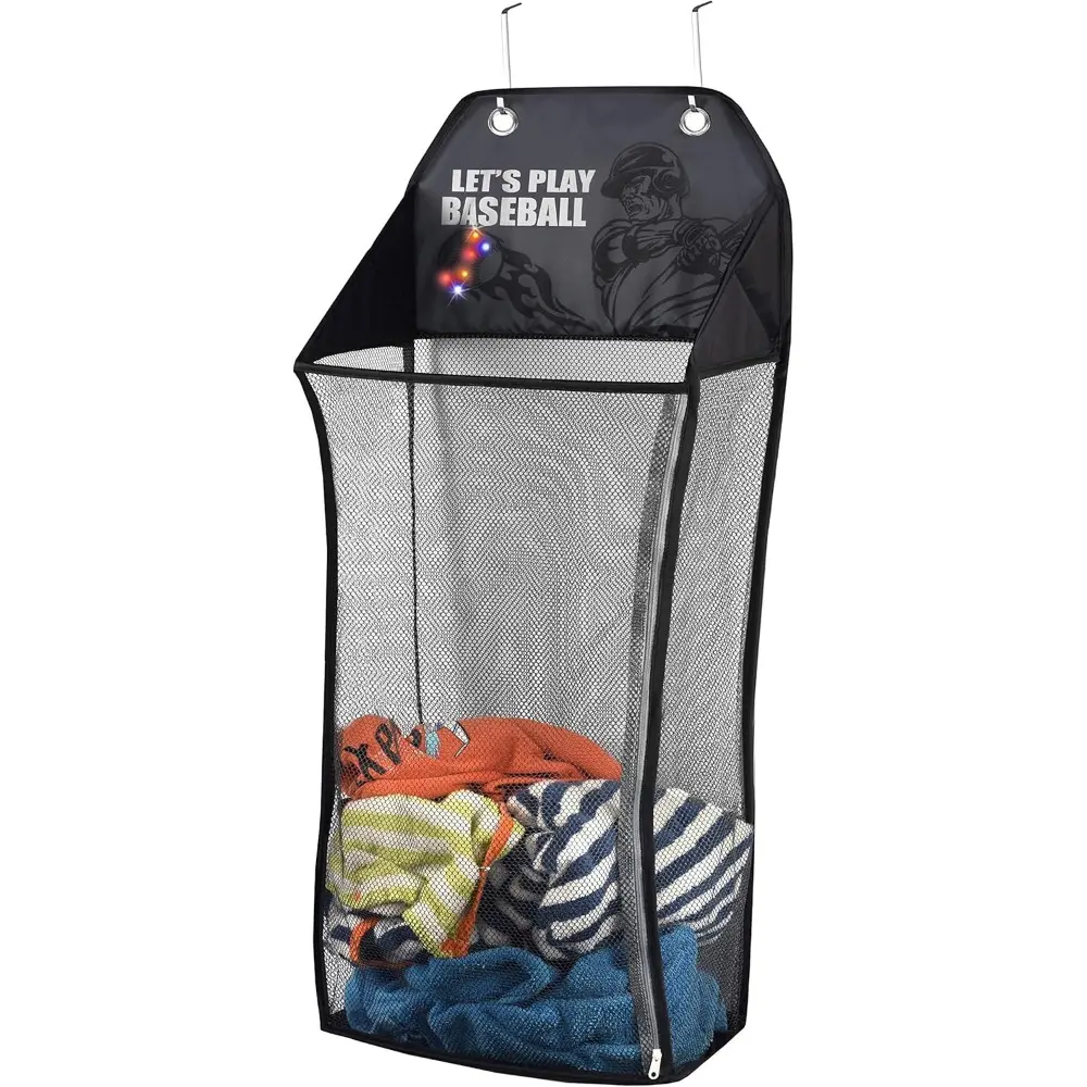 Kids LED Baseball Over-The-Door Hanging Lightweight Organiser - Collapsible Mesh Laundry Hamper with Compartment, Toy Chest, Heavy-Duty Metal Hooks, Kid Room Playful Clothes Storage Basket