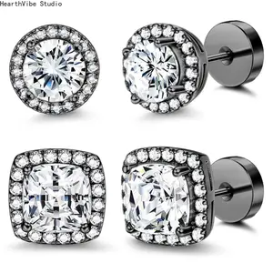 Women's 2-Pair Cubic Zirconia Stud Earrings Set - Round, Princess Cut Halo, Hypoallergenic Silver-Plated, Wedding Party Accessory, Birthday Gift