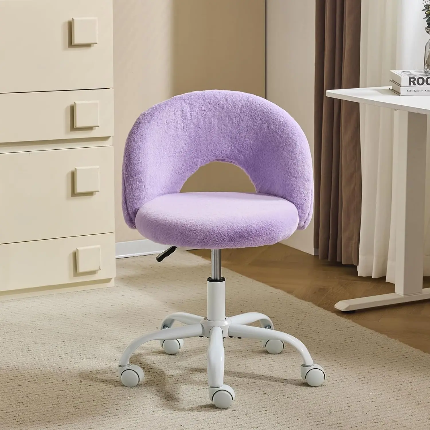 VINGLI Small Faux Fur Wheeled Vanity Chair for Girls - Adjustable Height Armless 360° Rotating Swivel Comfortable Desk Chair for Study, Makeup Room, Small Spaces, Swivel Desk Chairs