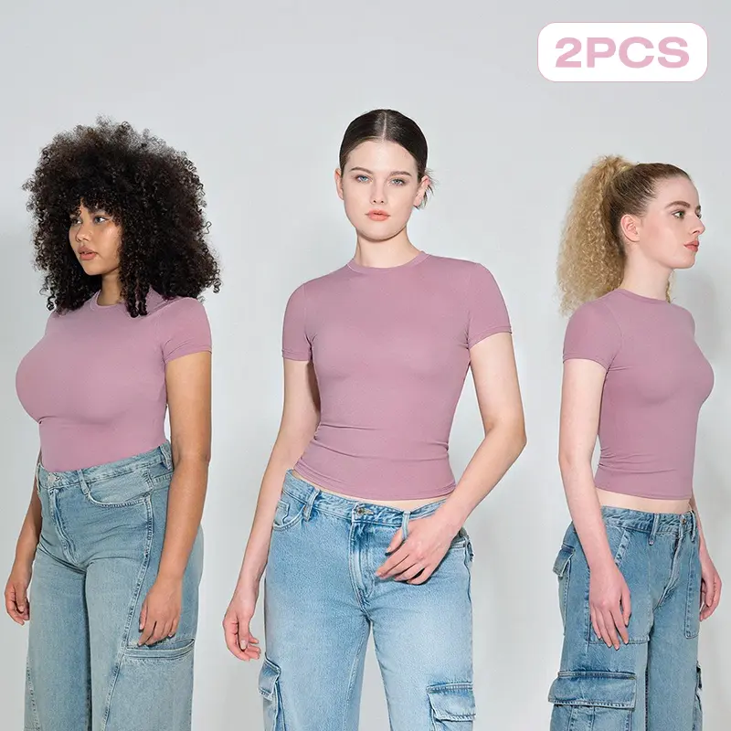 PUMIEY Women's Buttery Soft T-Shirt, Minimalist Short Sleeve Round Neck Double Layer Basic Top for Lady, Shortsleeve, Casual,back to school,back to school shopping, Comfortable